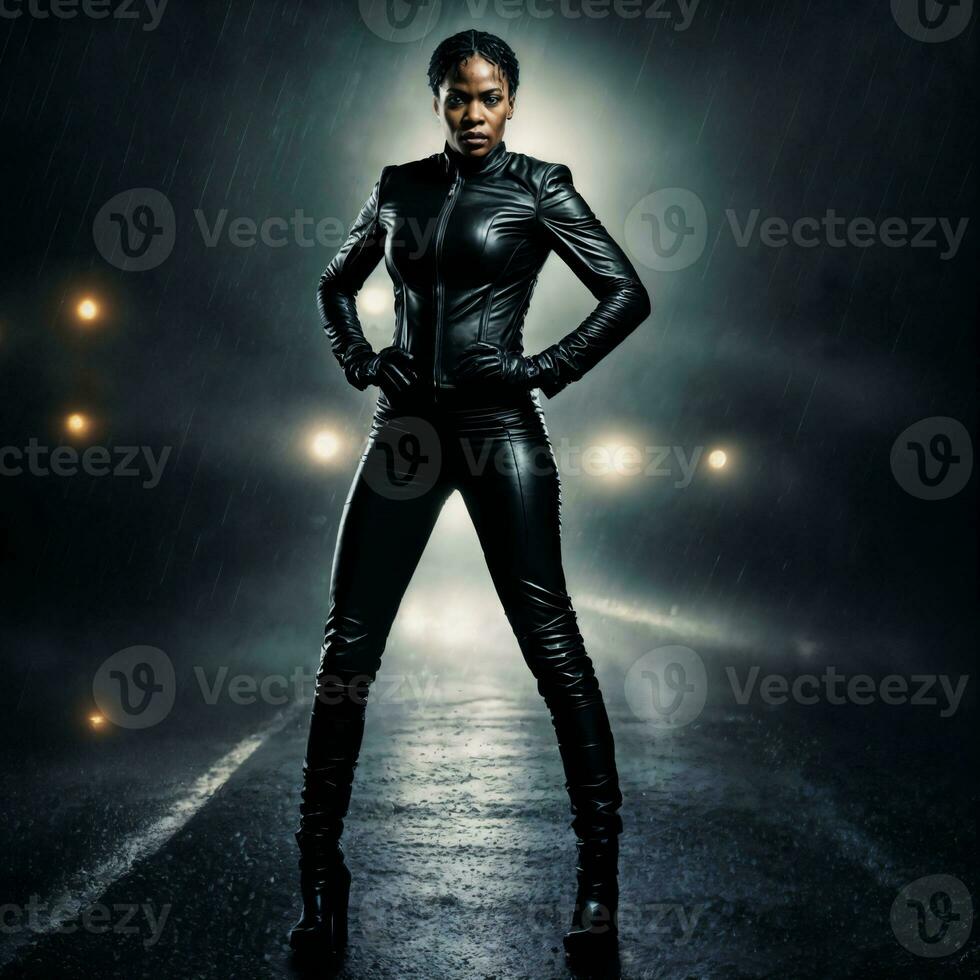 photo of strong african woman with black leather suit in heavy rain night, generative AI