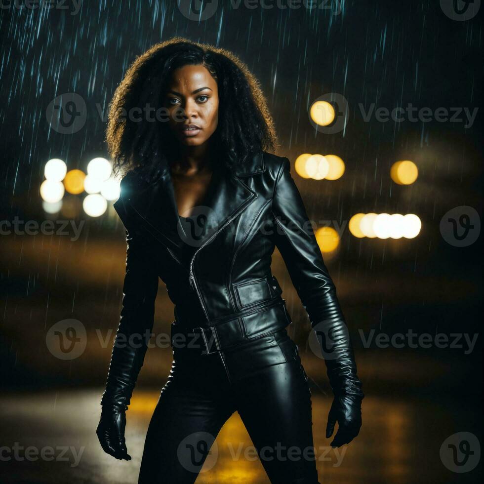 photo of strong african woman with black leather suit in heavy rain night, generative AI
