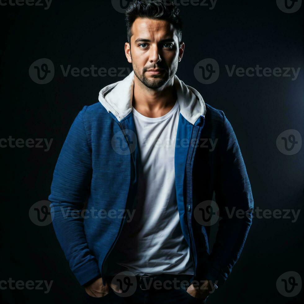 photo of handsome man with blue light on black background, generative AI