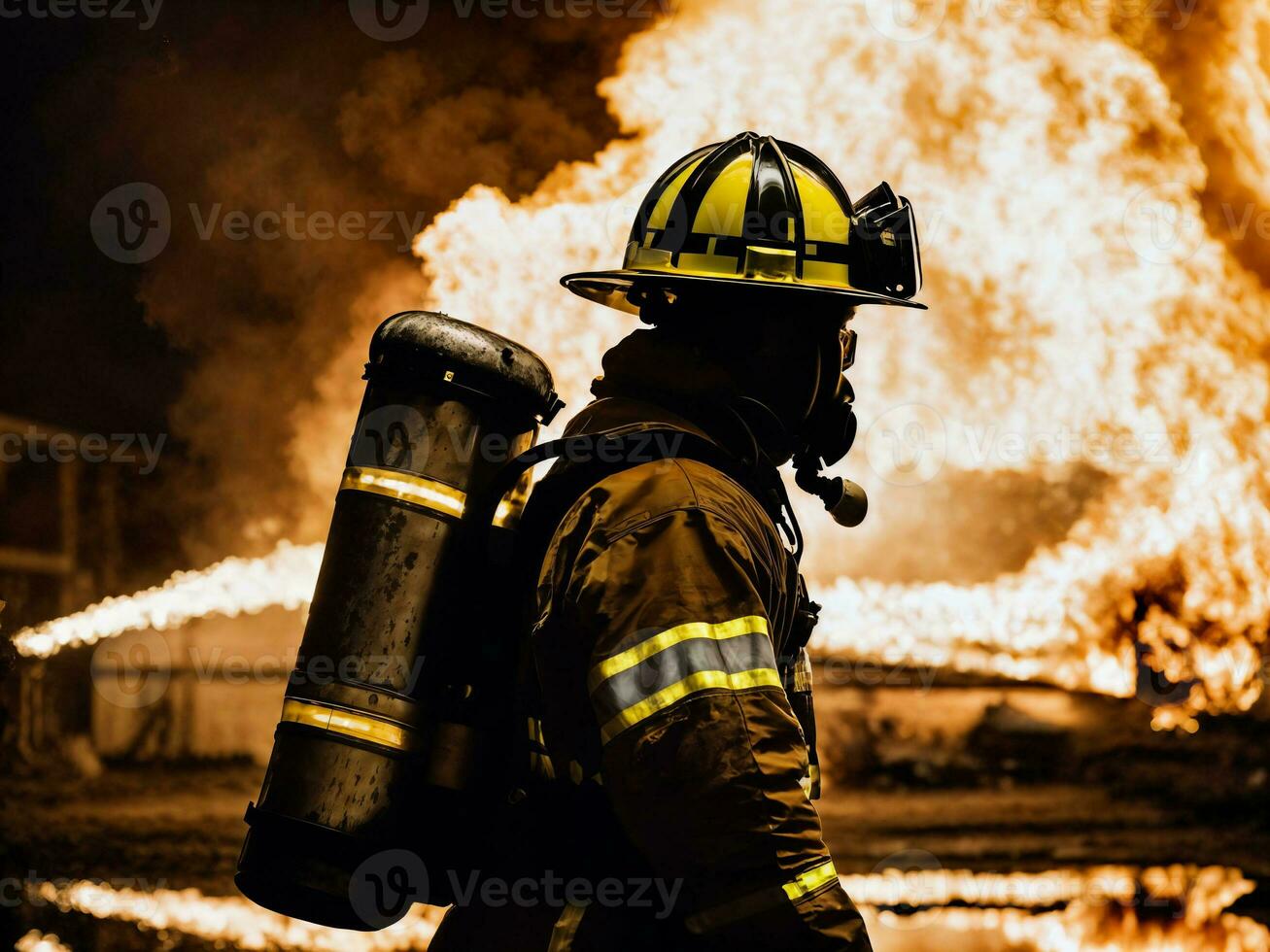 photo of firefighter with big fire cloud and smoke in background, generative AI