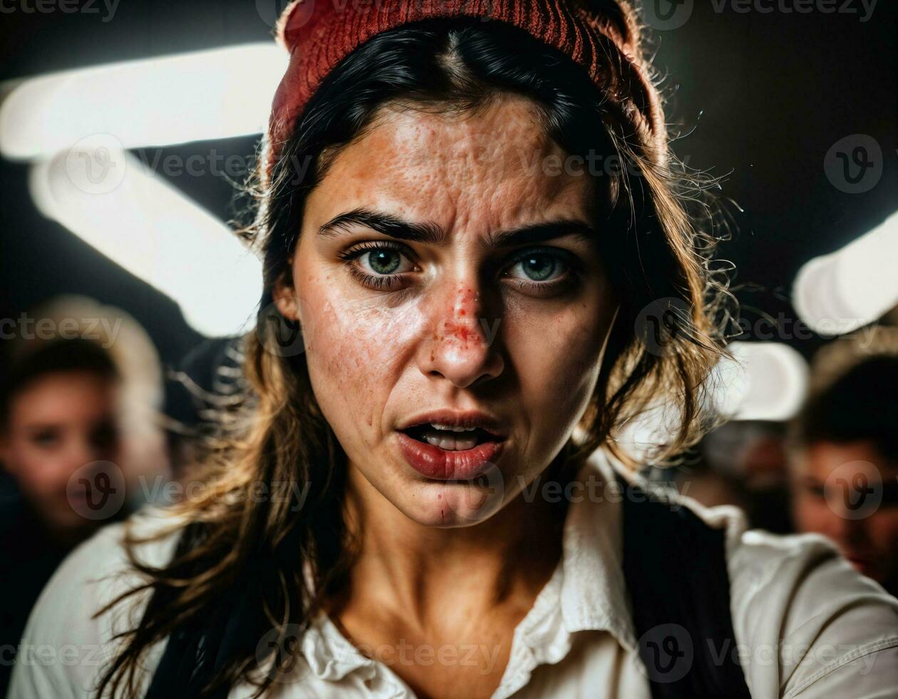 photo of rage angry teenage college girl fighting the other with wound on face, generative AI