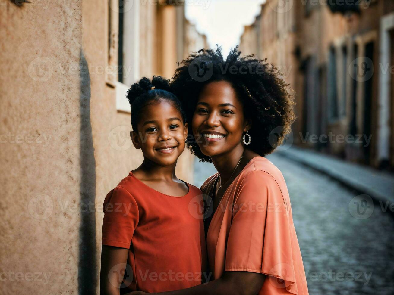 photo of happy family black mother and daughter, generative AI