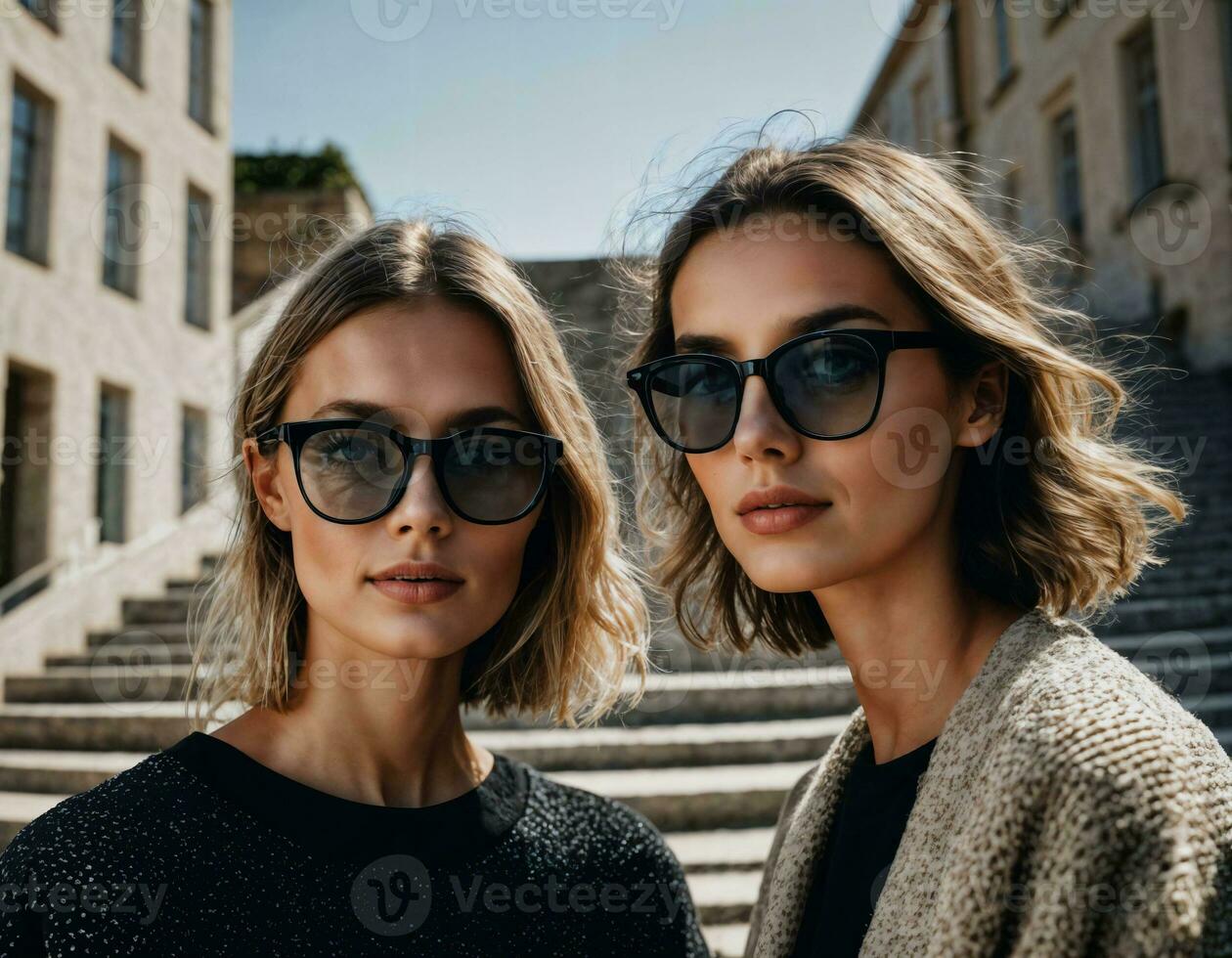 foto de hermosa mujer con negro negrita lentes a escalera en frente de edificio, generativo ai