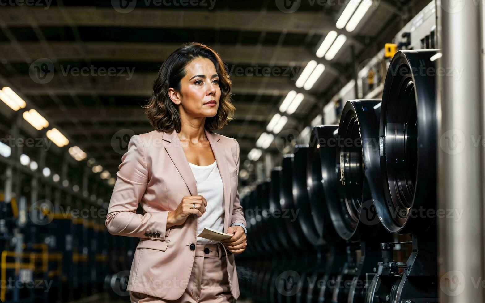 foto de trabajando empresario mujer a fábrica con máquina y obrero, generativo ai