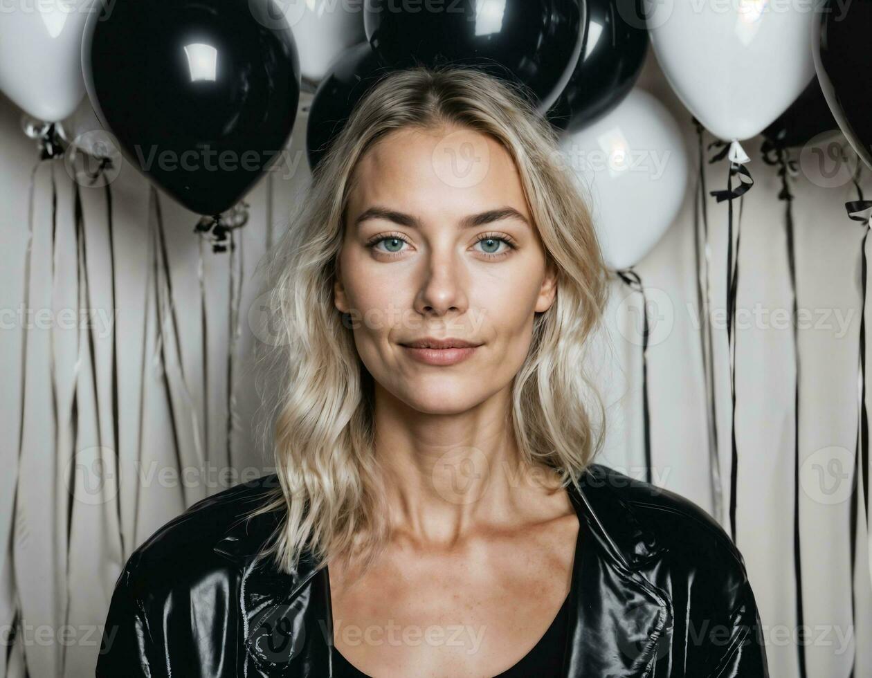 photo of beautiful european woman with blonde hair color in black and white balloons in background, generative AI