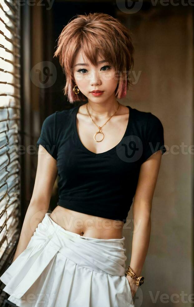 photo of teenage playful asian woman with accessories and mullet hairstyle, generative AI