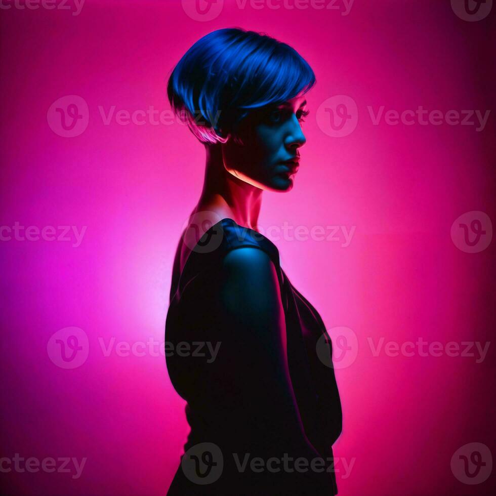 photo of beautiful woman with short hair and mixed pink neon light, generative AI