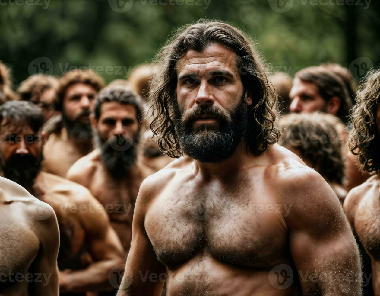 photo of group of strong caveman gang, generative AI