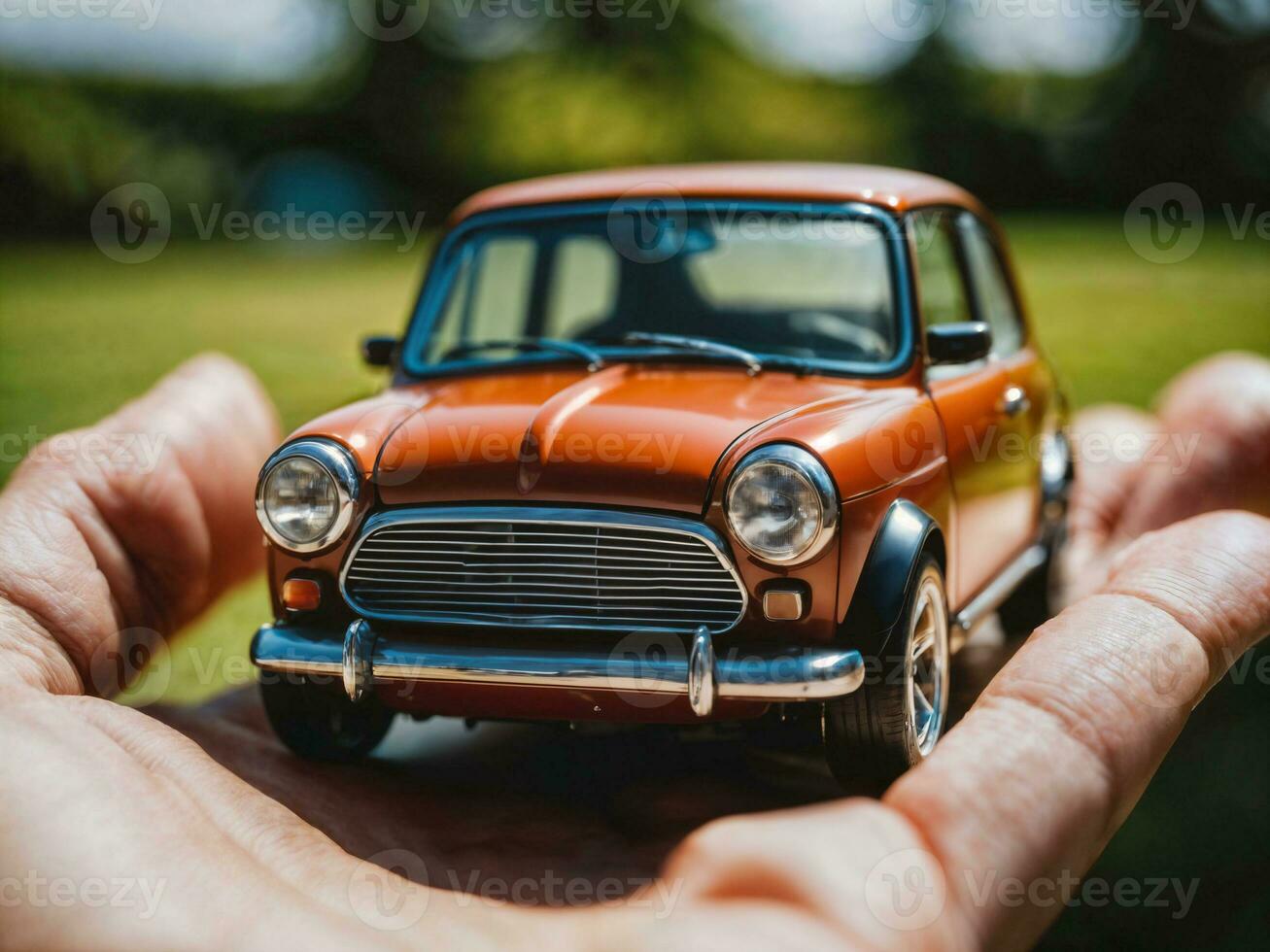 photo of close up hand holding mini car, generative AI