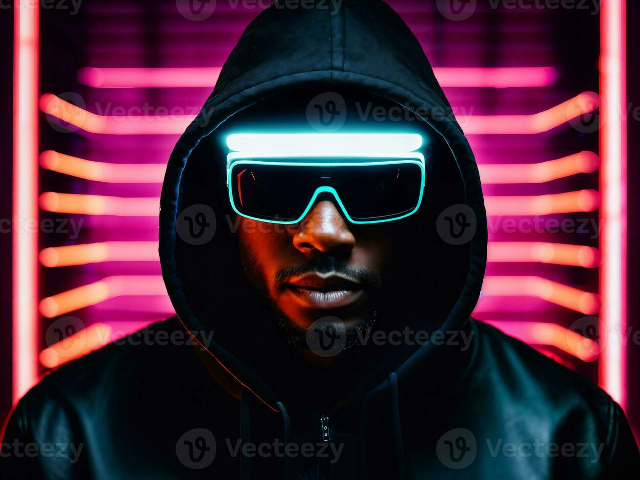 photo of black man in black hoodie in server data center room with neon light, generative AI