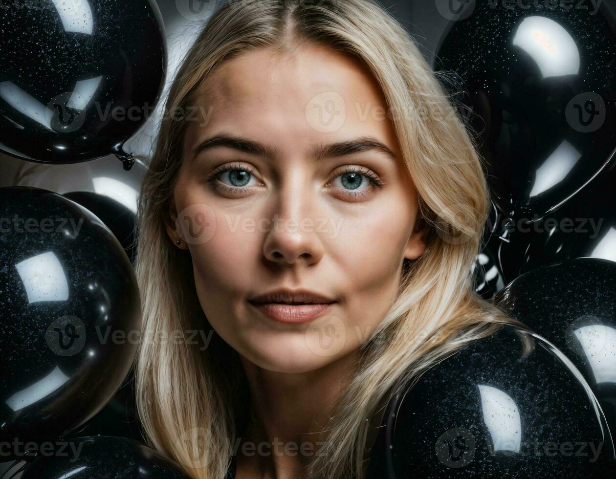 photo of beautiful european woman with blonde hair color in black and white balloons in background, generative AI