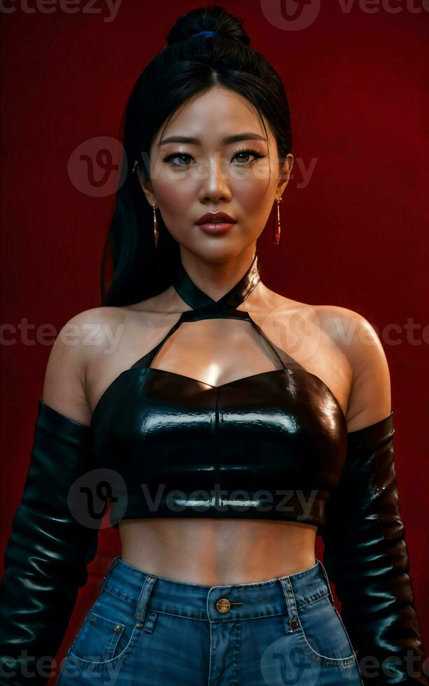 photo of asian woman in jacket outfit with colorful light in background, generative AI