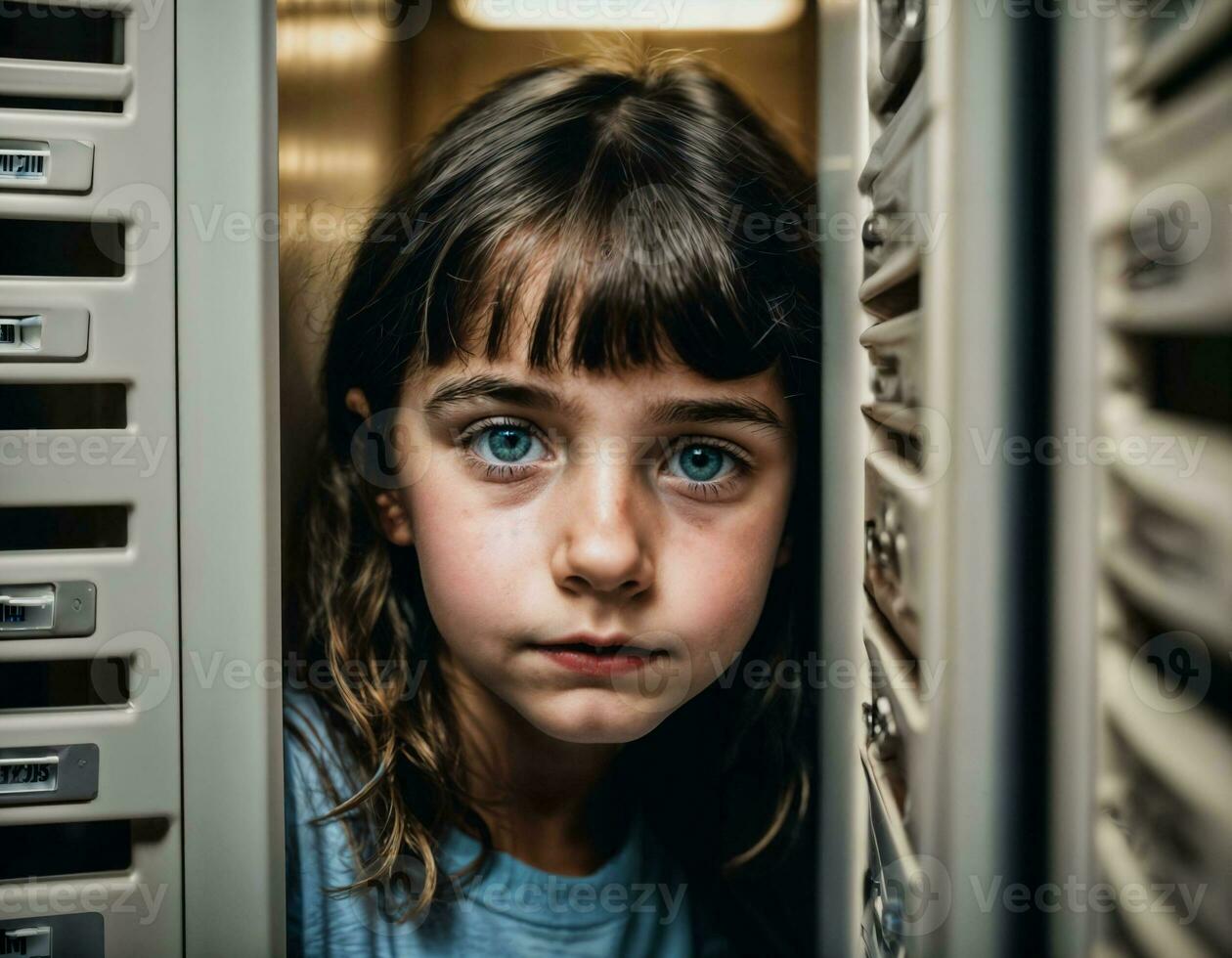 photo of scary girl kid in locker room, generative AI
