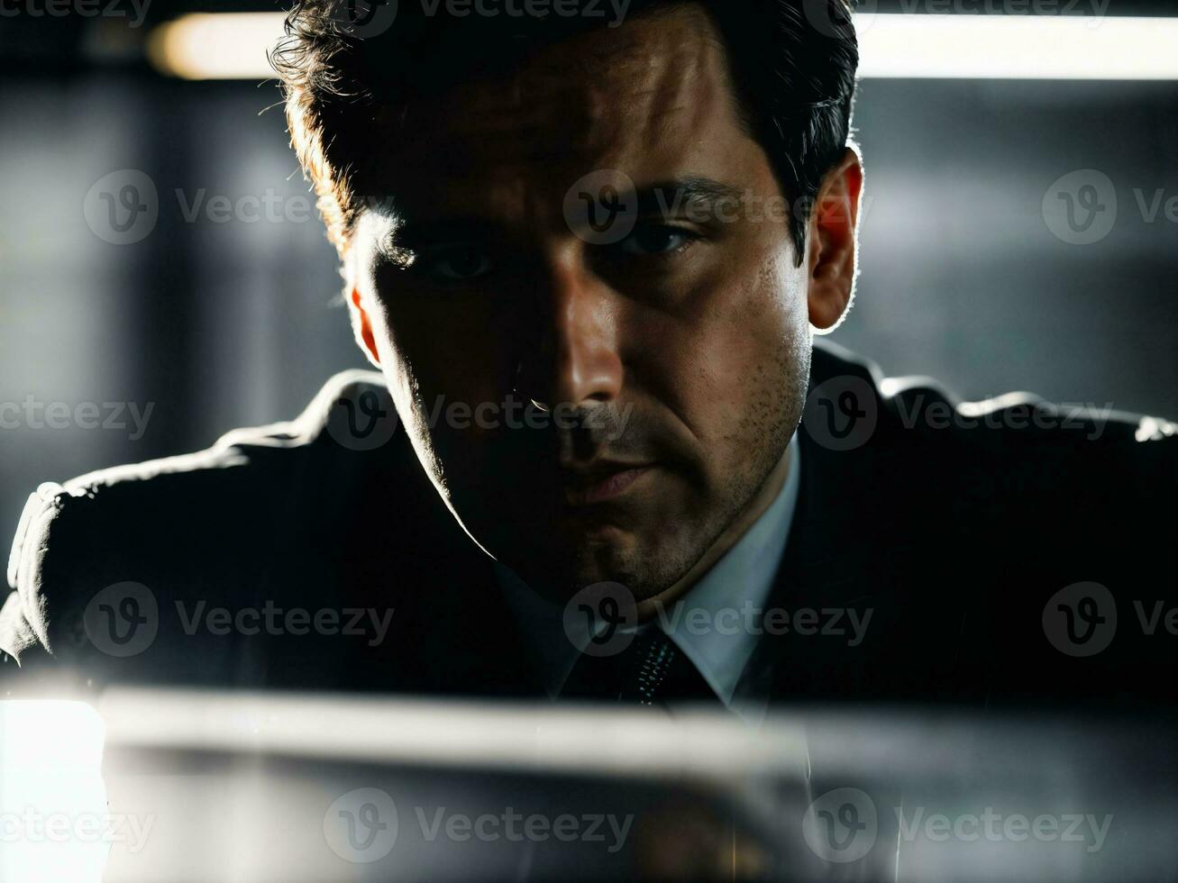photo of serious detective man in crime scene, generative AI