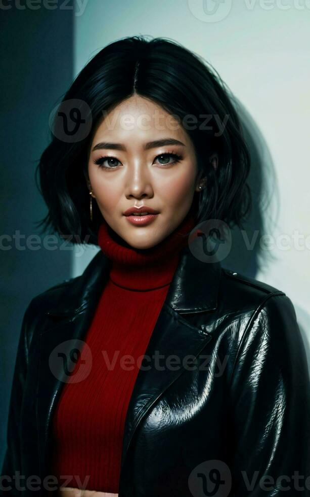 photo of asian woman in jacket outfit with colorful light in background, generative AI