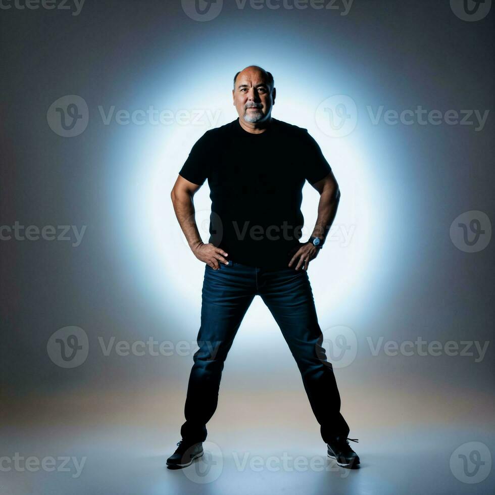 photo of middle aged old man with blue light on black background, generative AI