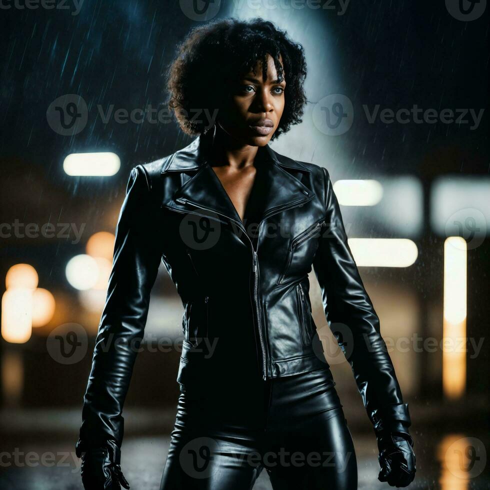 photo of strong african woman with black leather suit in heavy rain night, generative AI