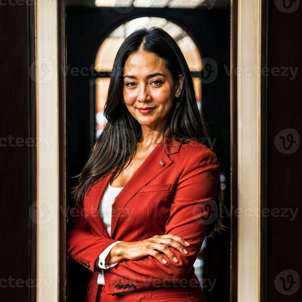 photo of working happy woman at house resident , generative AI