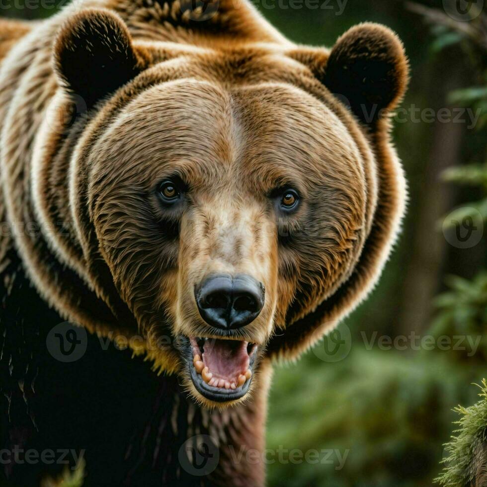 photo of big angry grizzly bear running in the jungle, generative AI