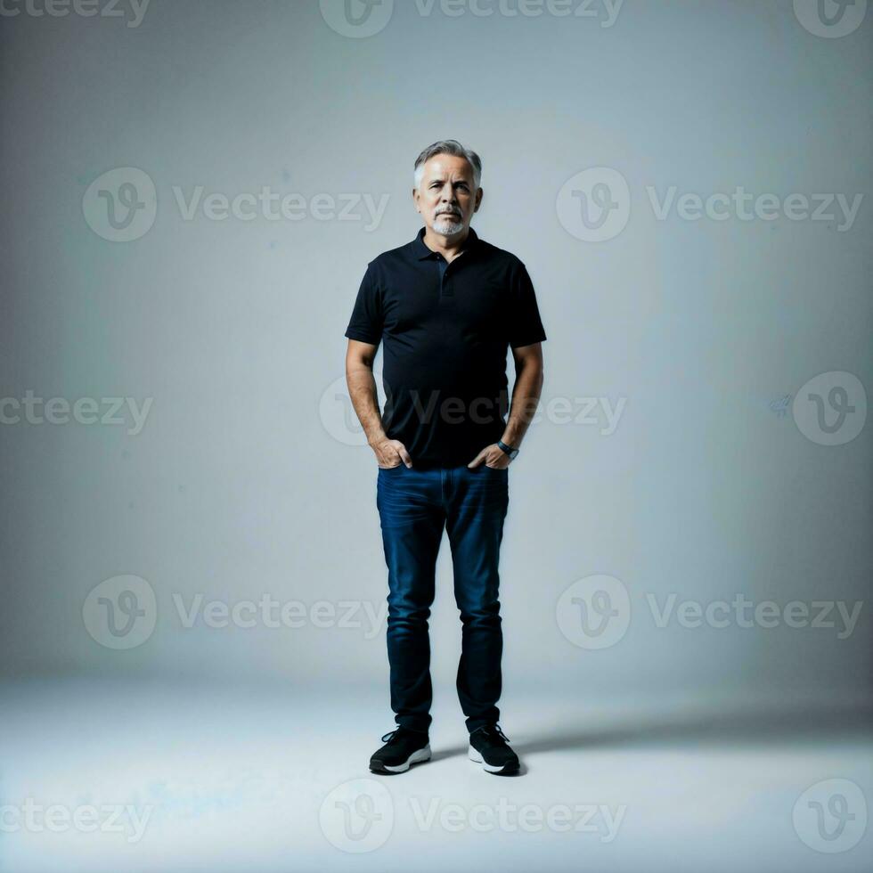 photo of middle aged old man with blue light on black background, generative AI