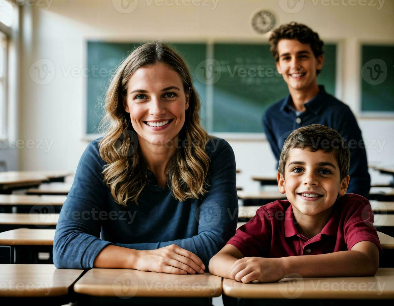 photo of happy teacher and kids at school room, generative AI