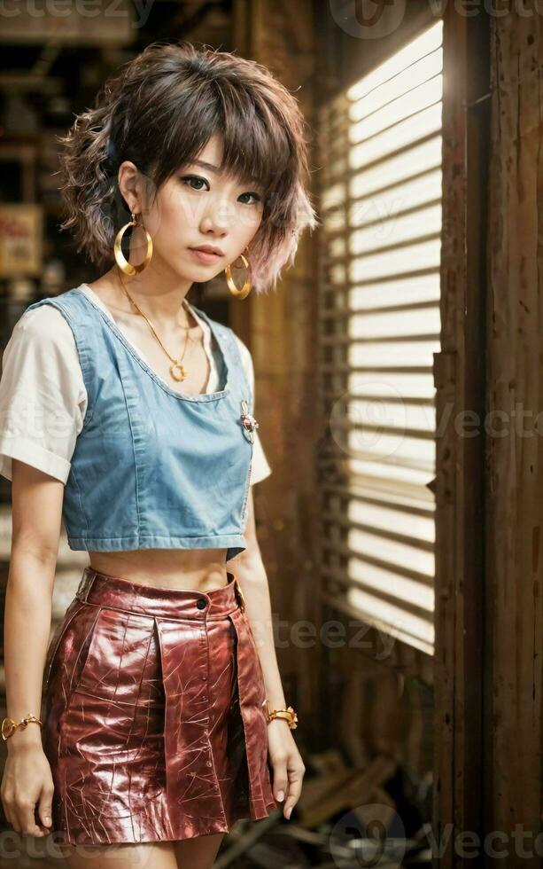 photo of teenage playful asian woman with accessories and mullet hairstyle, generative AI