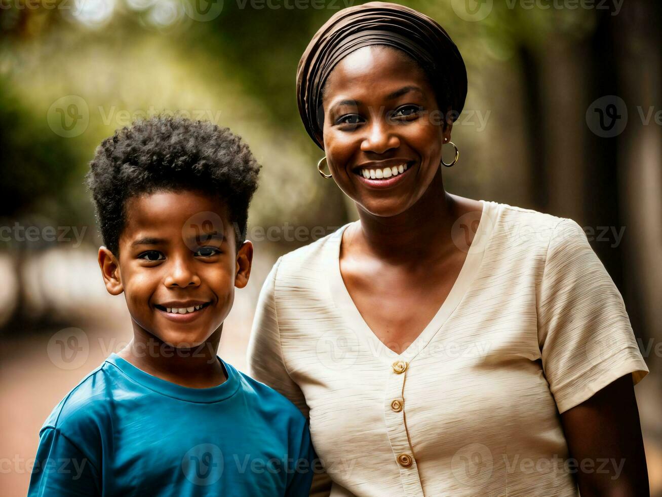 photo of happy family black mother and son, generative AI