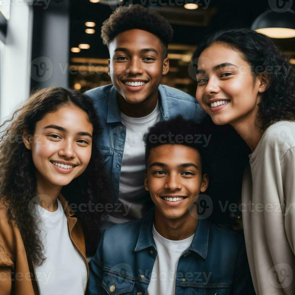 group of happy young teenage at the working office space, generative AI photo