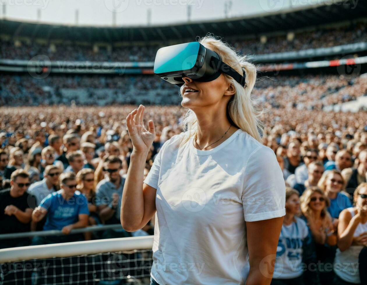 photo of beautiful woman with VR glasses headset at stadium sport arena, generative AI