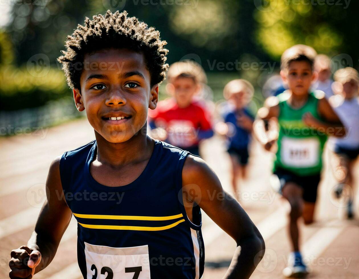 photo of boy kids running race sport at school, generative AI