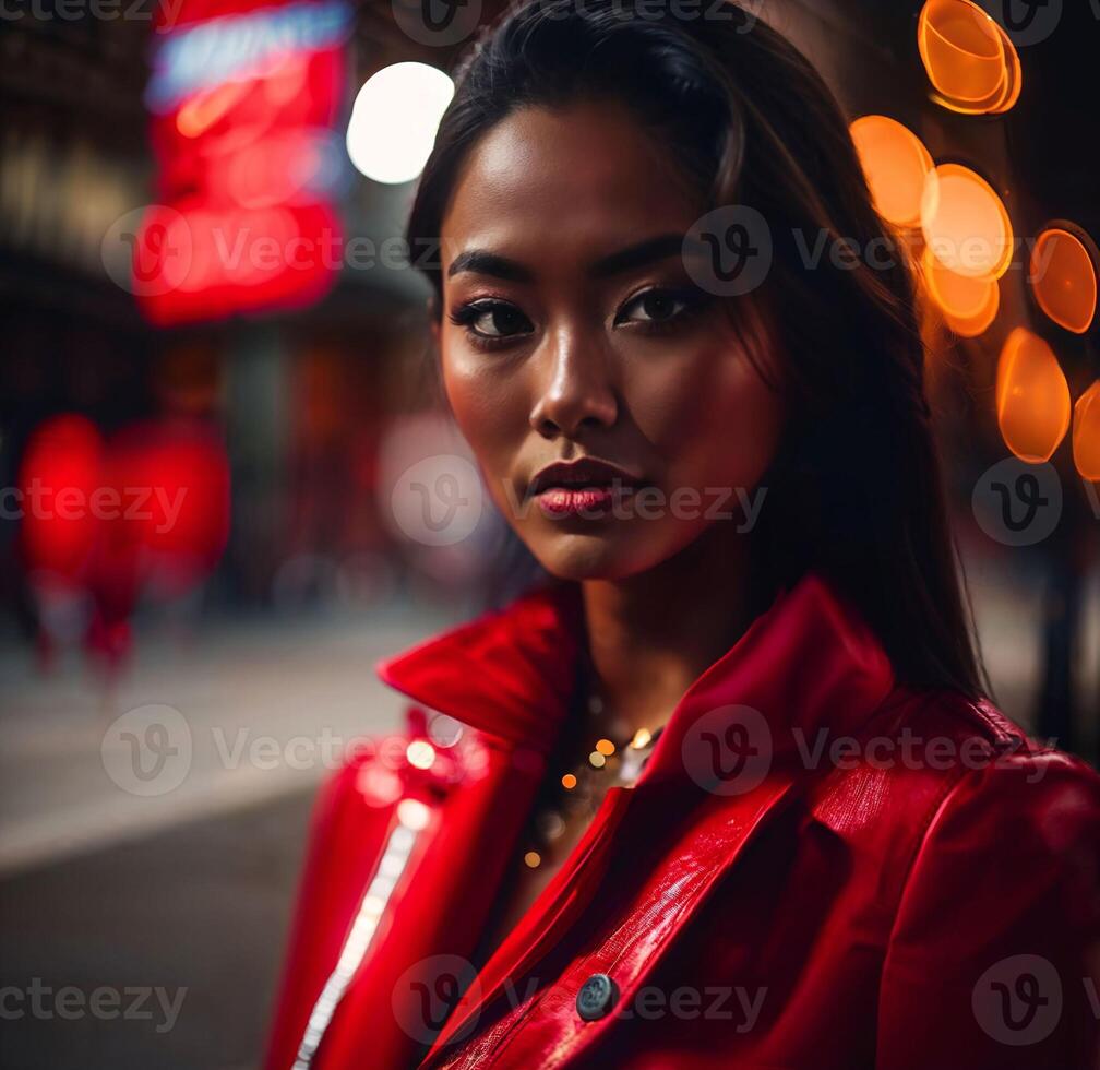 photo of woman in red cloth at street night with light,