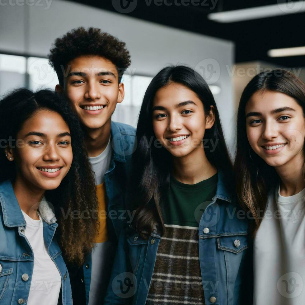 group of happy young teenage at the working office space, generative AI photo
