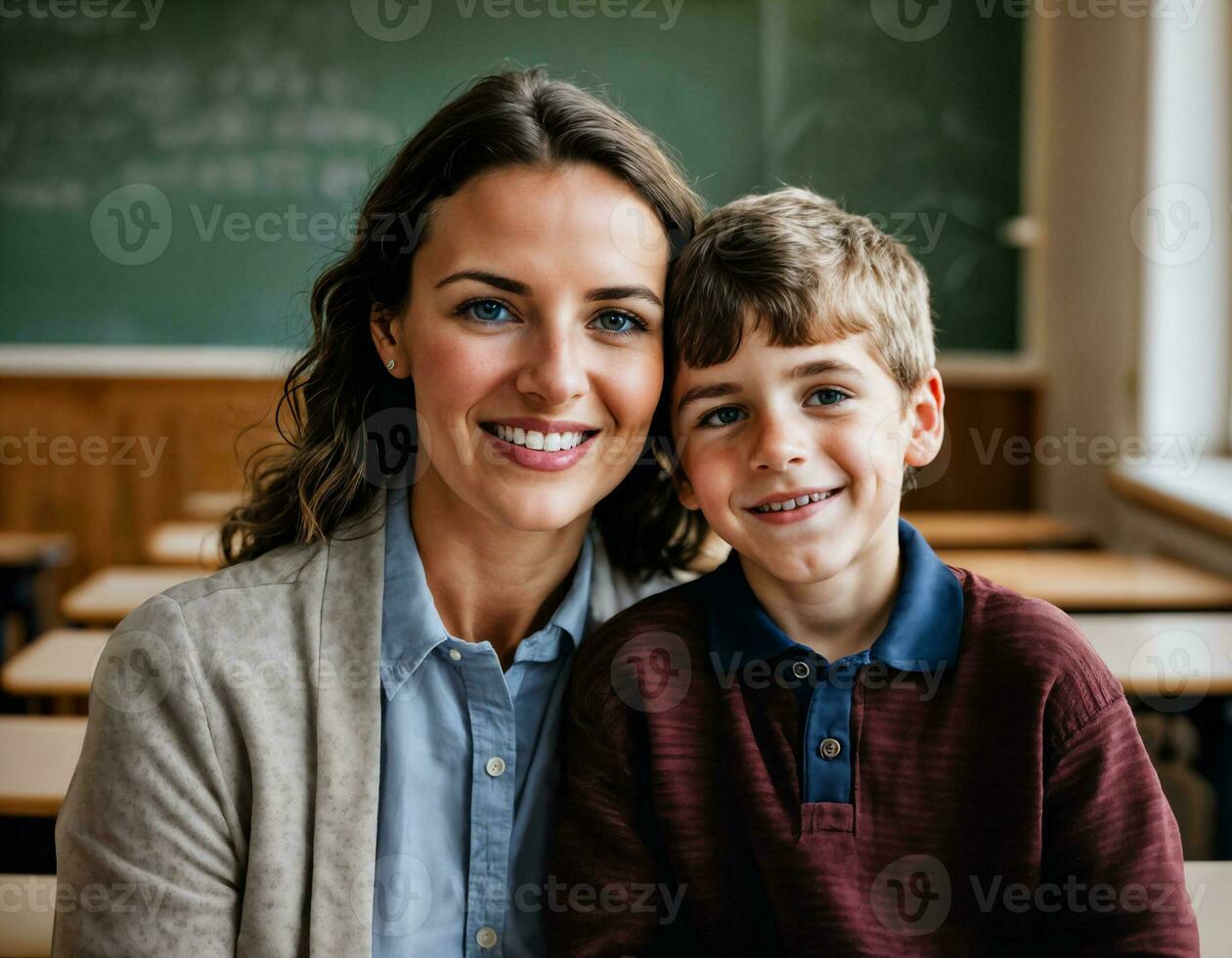 foto de contento profesor y niños a colegio habitación, generativo ai