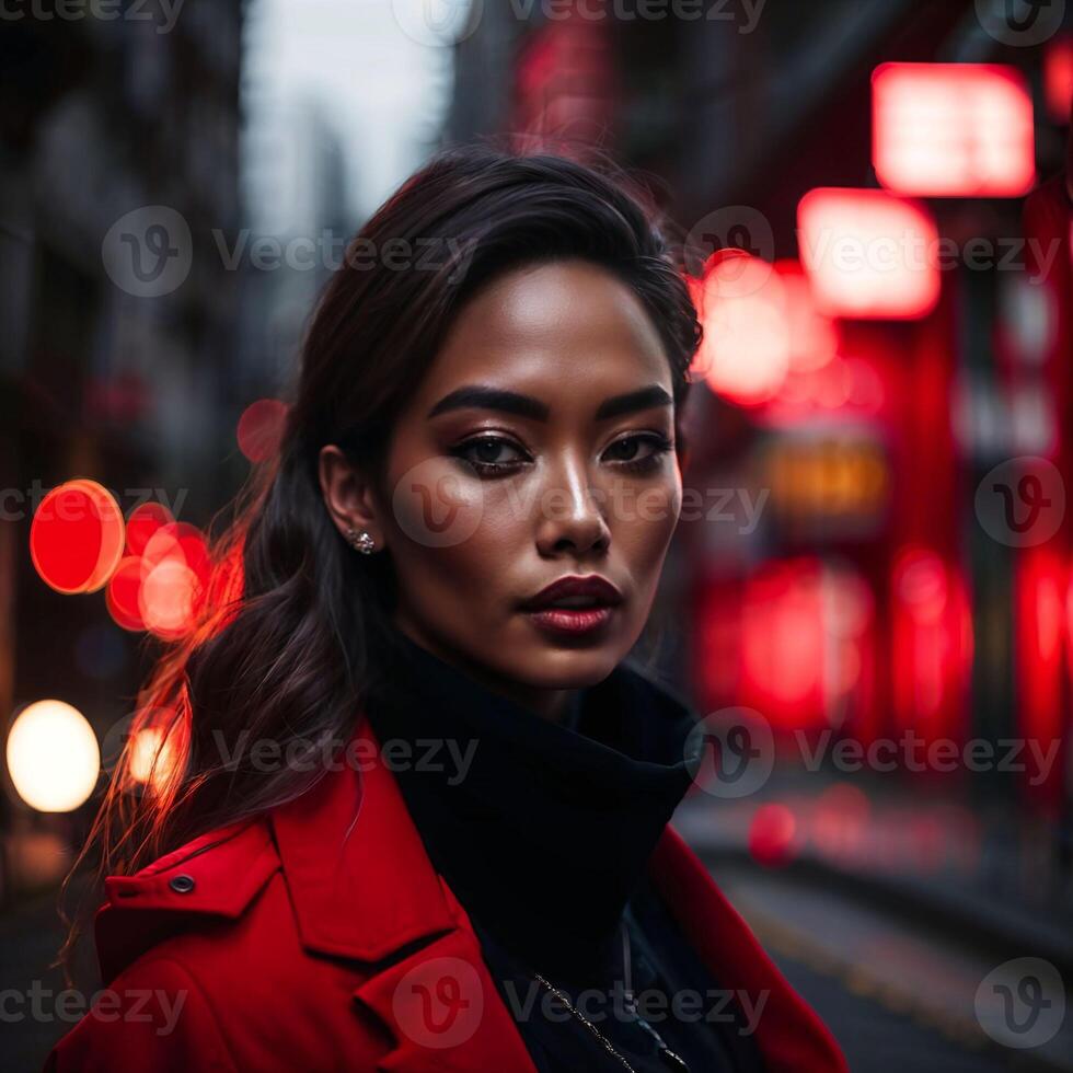 photo of woman in red cloth at street night with light,