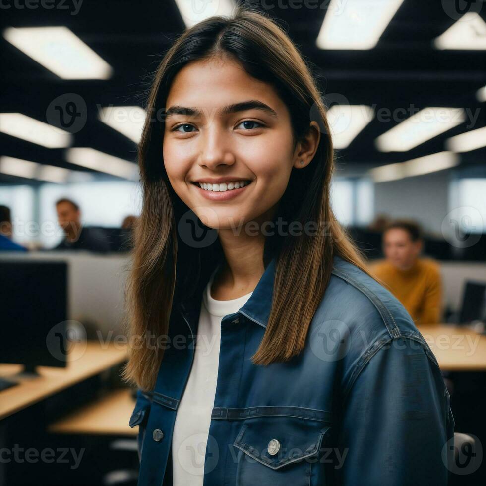portrait close up of happy young teenage at the working office space, generative AI photo
