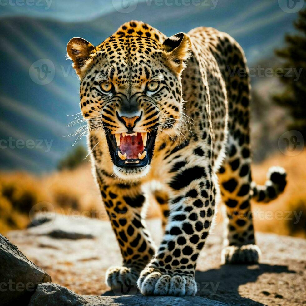 foto de grande leopardo corriendo en el bosque, generativo ai