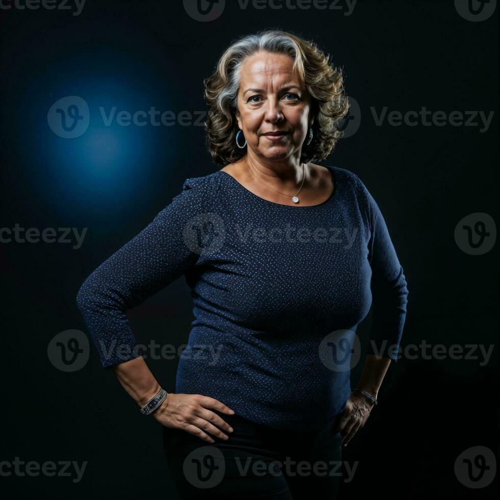 photo of middle aged old woman with blue light on black background, generative AI