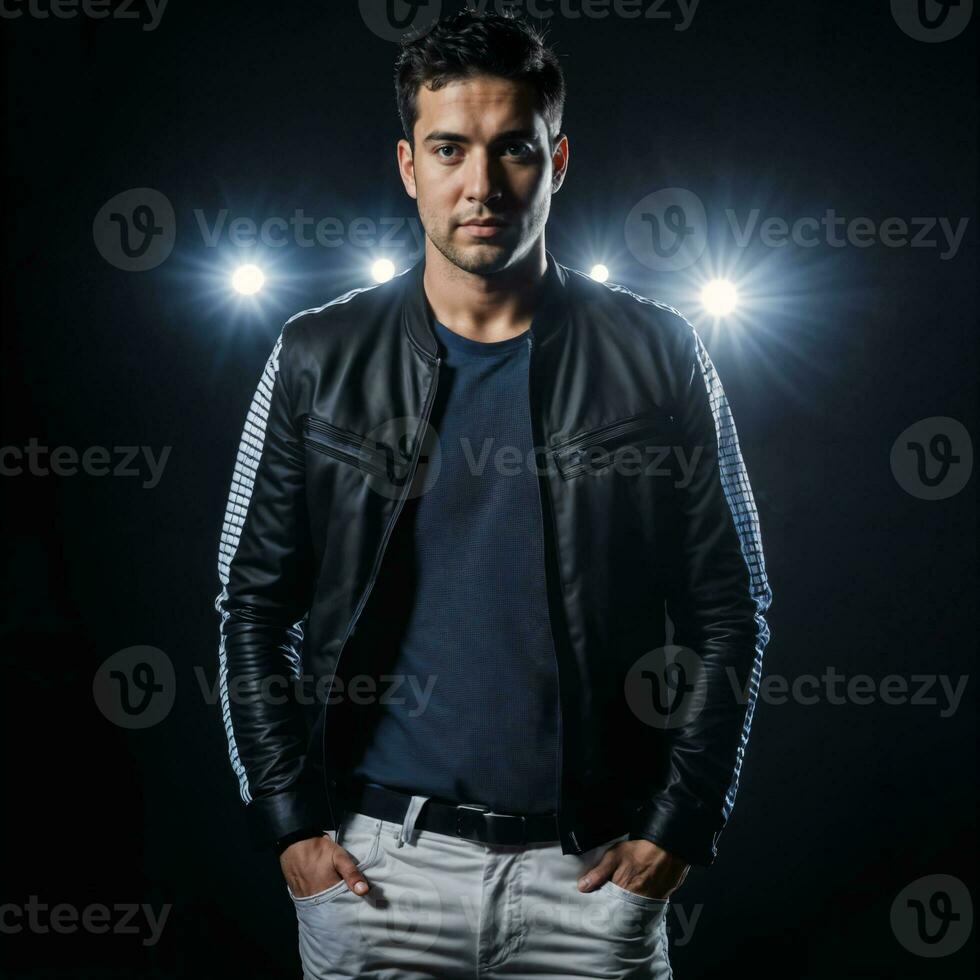 photo of handsome man with blue light on black background, generative AI