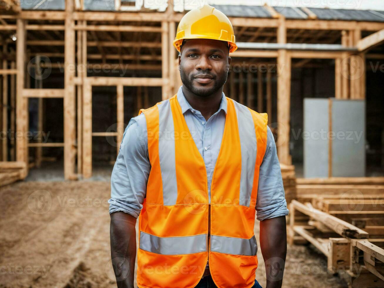 photo of african black man as a construction worker with helmet, generative AI