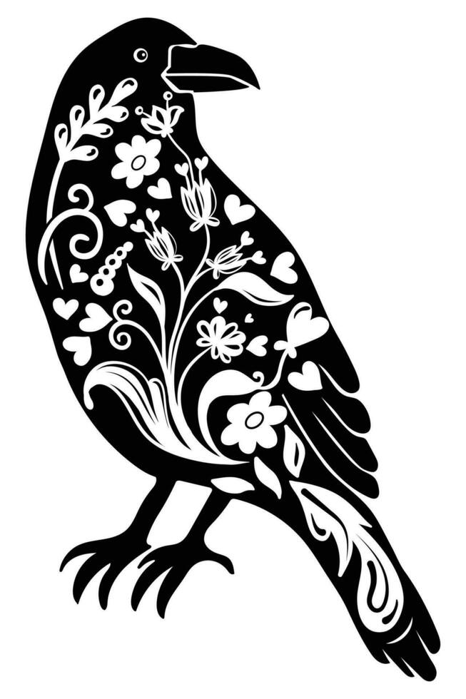 Boho Floral Raven silhouette , Boho Bird , Wildflowers vector
