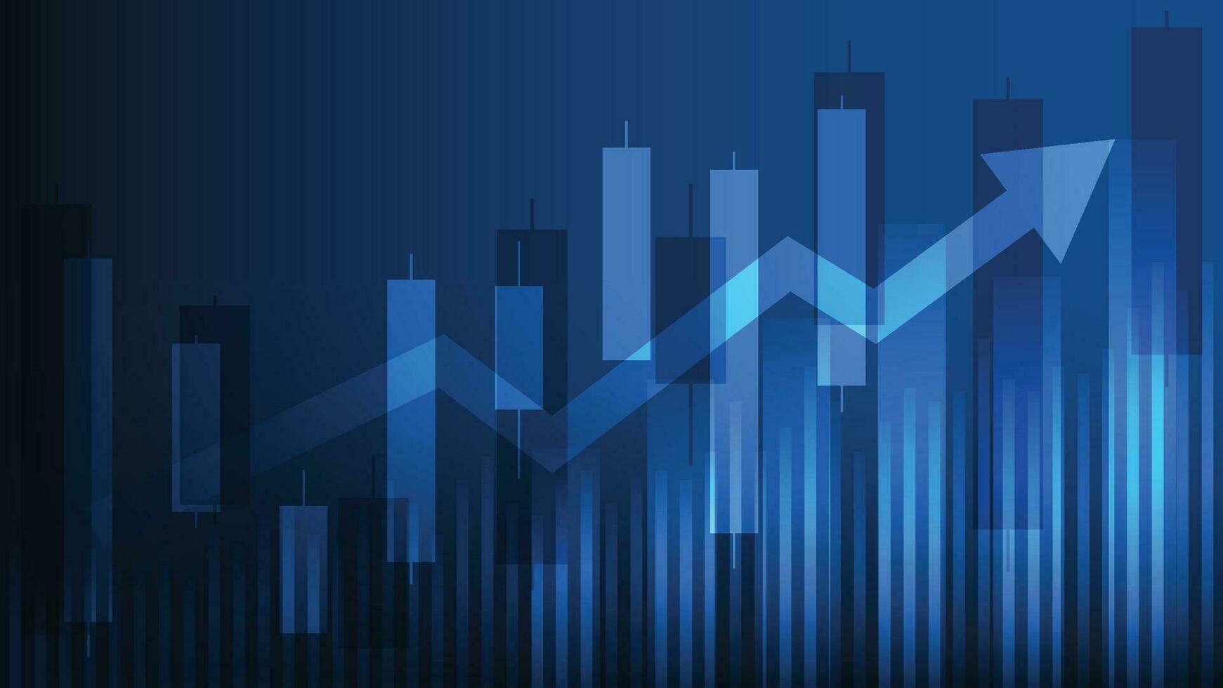 stock market trend with bar chart and candlesticks on blue background vector