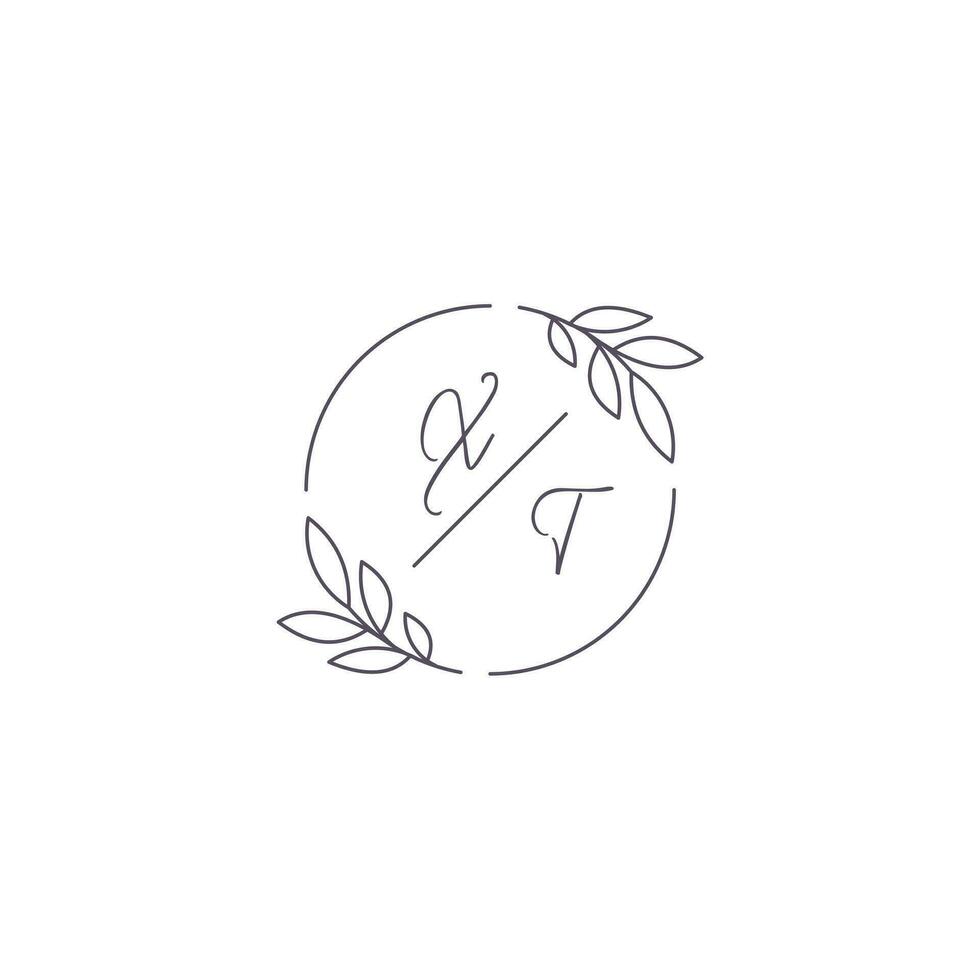Initials XT monogram wedding logo with simple leaf outline and circle style vector