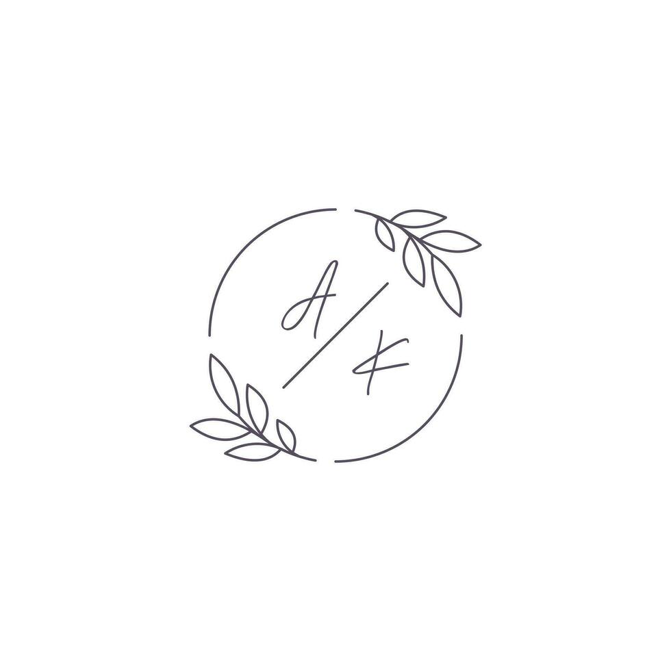 Initials AK monogram wedding logo with simple leaf outline and circle style vector