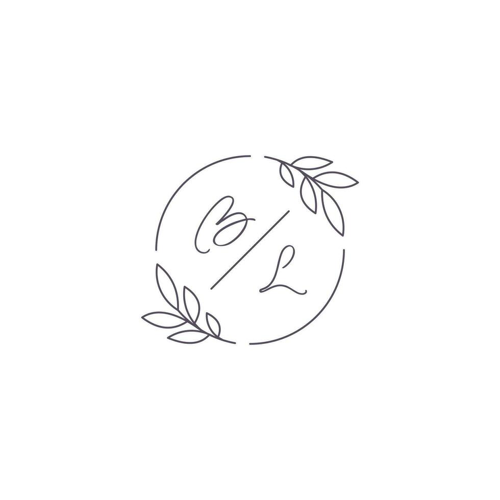 Initials BL monogram wedding logo with simple leaf outline and circle style vector