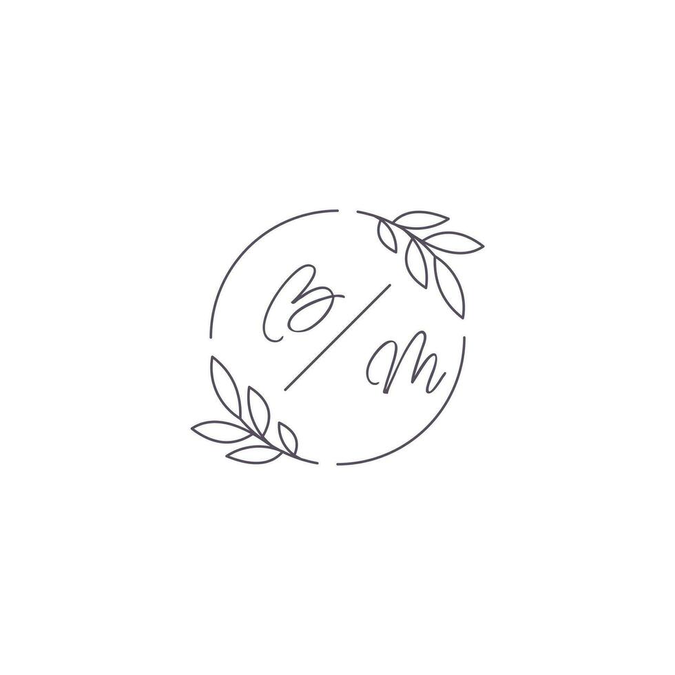 Initials BM monogram wedding logo with simple leaf outline and circle style vector