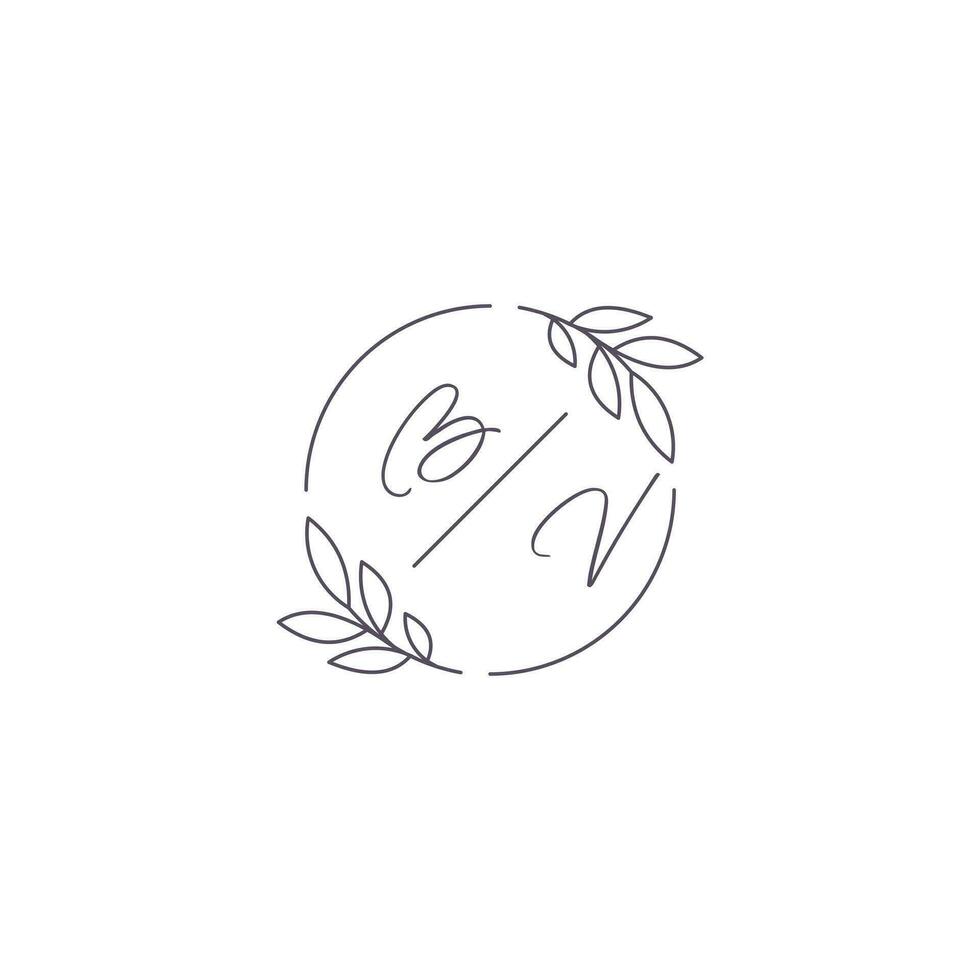 Initials BV monogram wedding logo with simple leaf outline and circle style vector