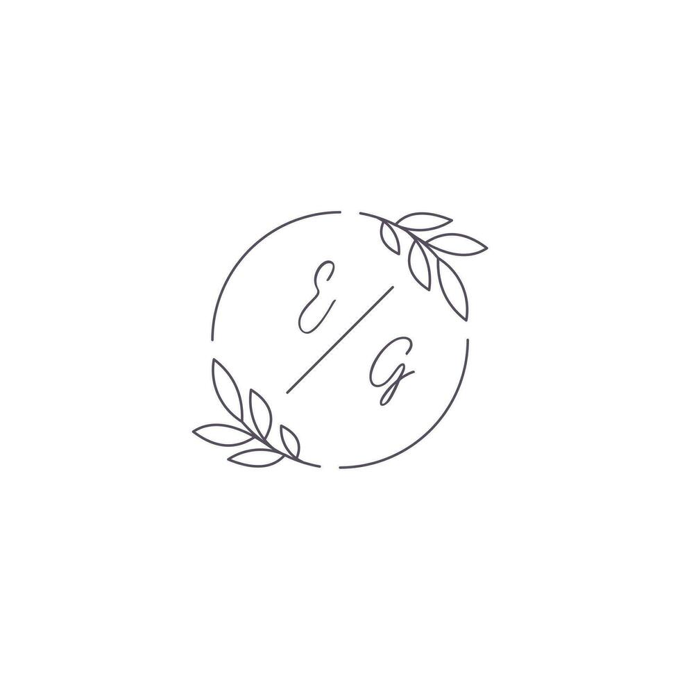 Initials EG monogram wedding logo with simple leaf outline and circle style vector