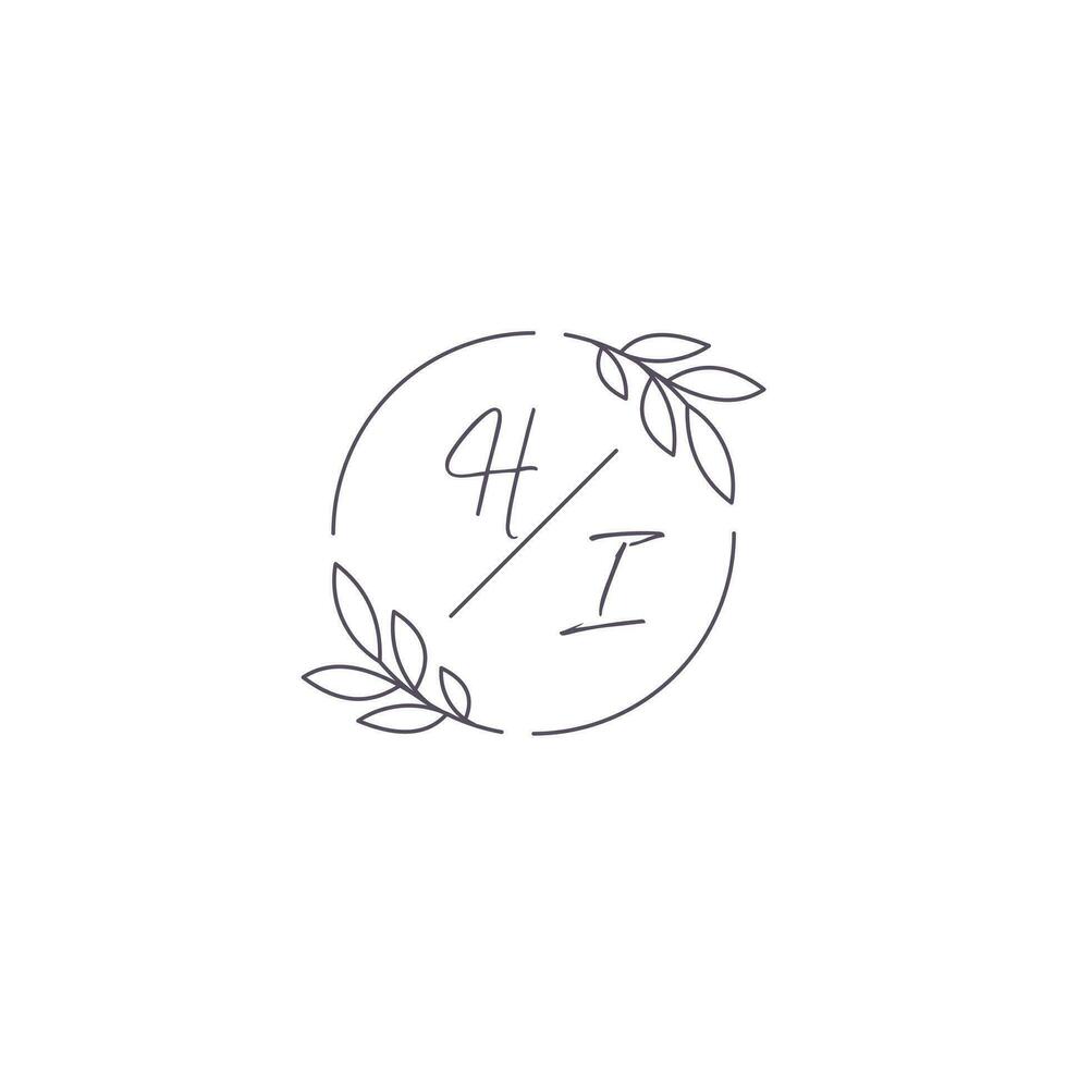 Initials HI monogram wedding logo with simple leaf outline and circle style vector