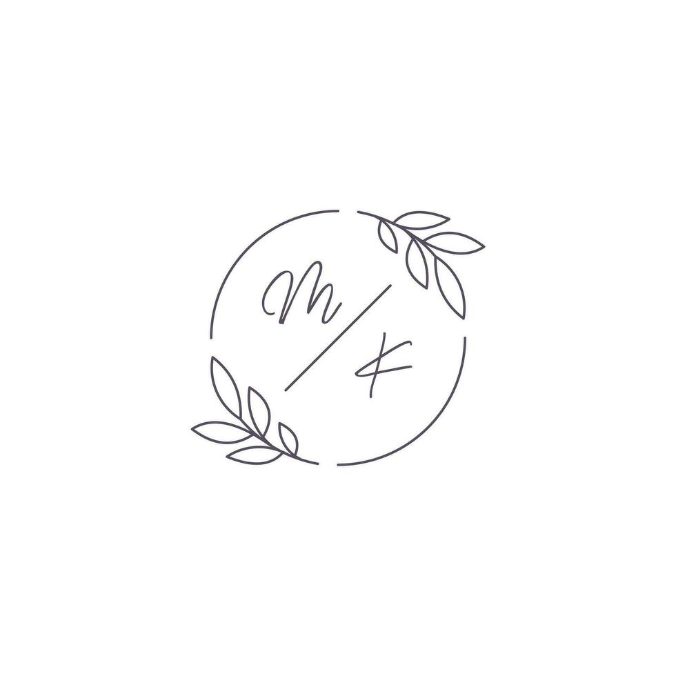 Initials MK monogram wedding logo with simple leaf outline and circle style vector