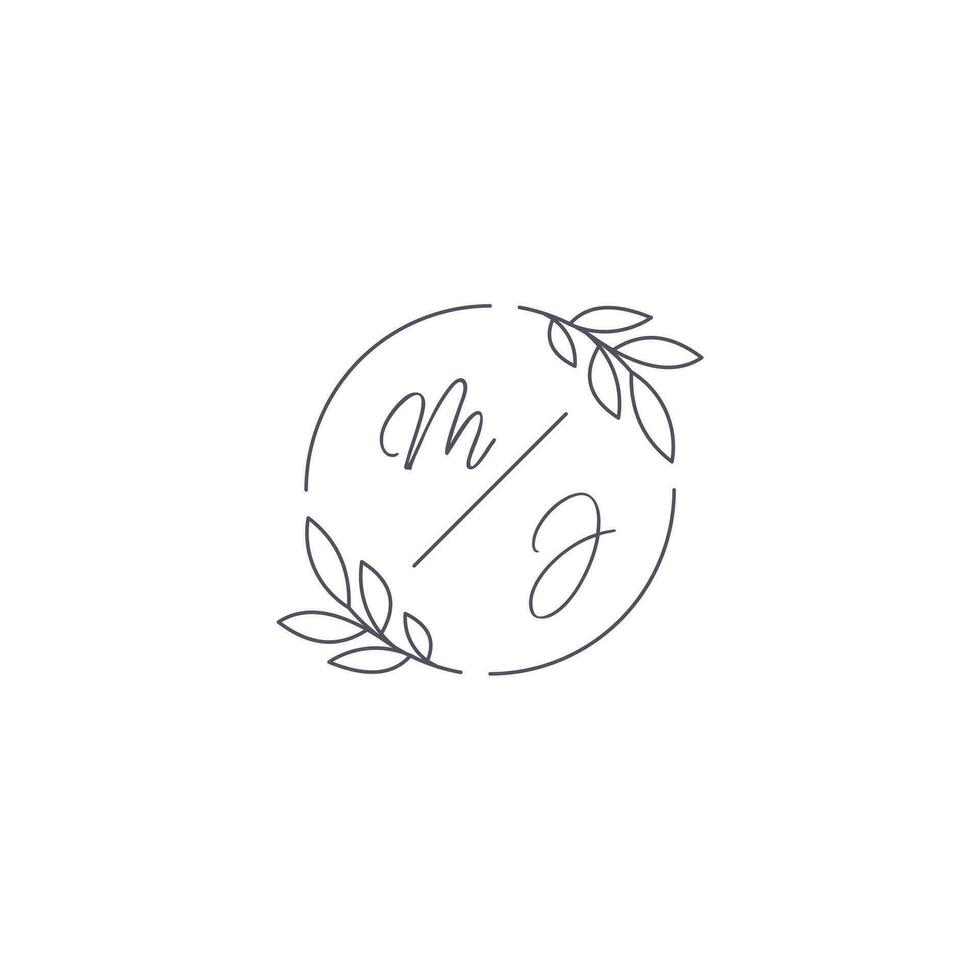Initials MJ monogram wedding logo with simple leaf outline and circle style vector